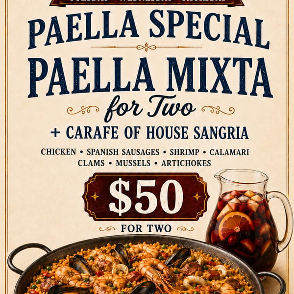 Candela Paella Special flyer, Tuesday through Thursday, Paella Mixta for two with a carafe of house sangria for $50