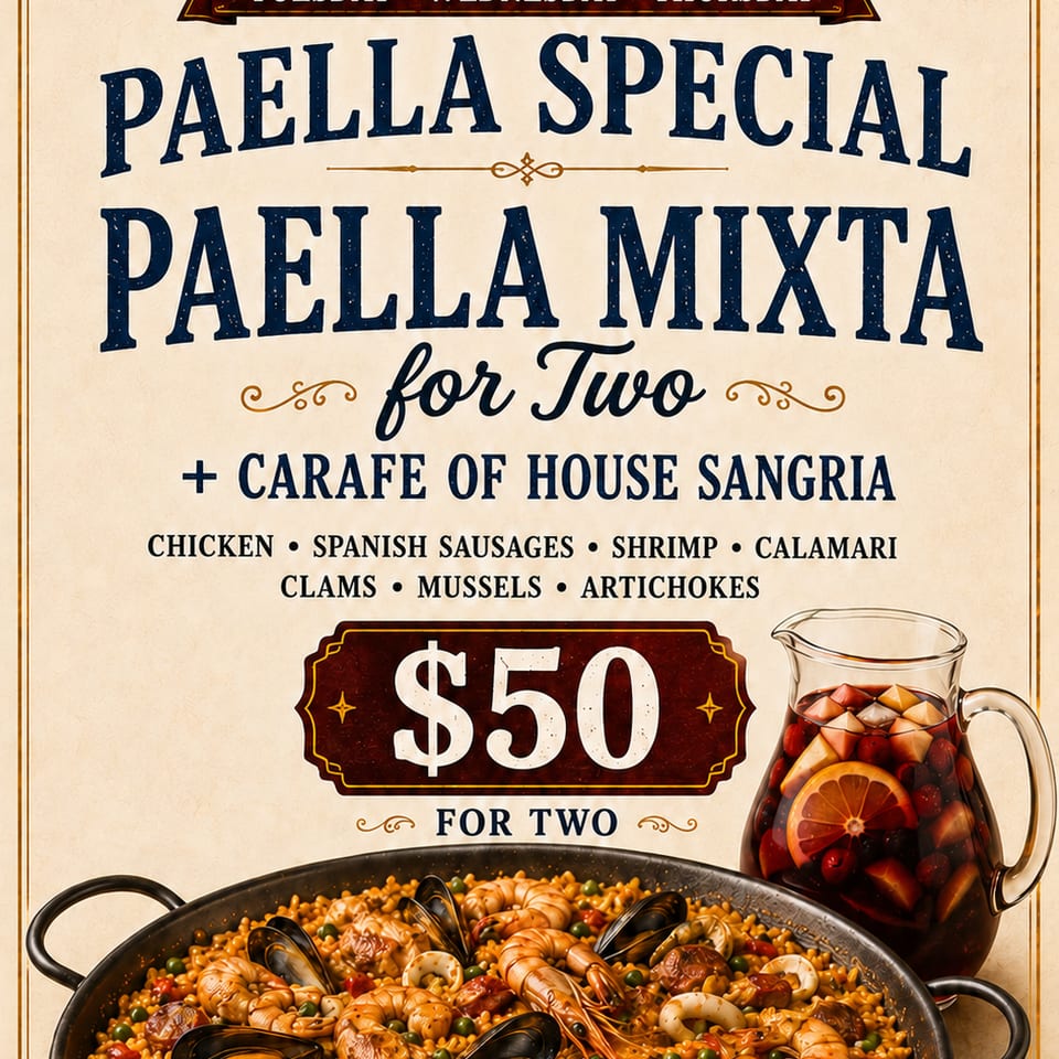 Candela Paella Special flyer, Tuesday through Thursday, Paella Mixta for two with a carafe of house sangria for $50