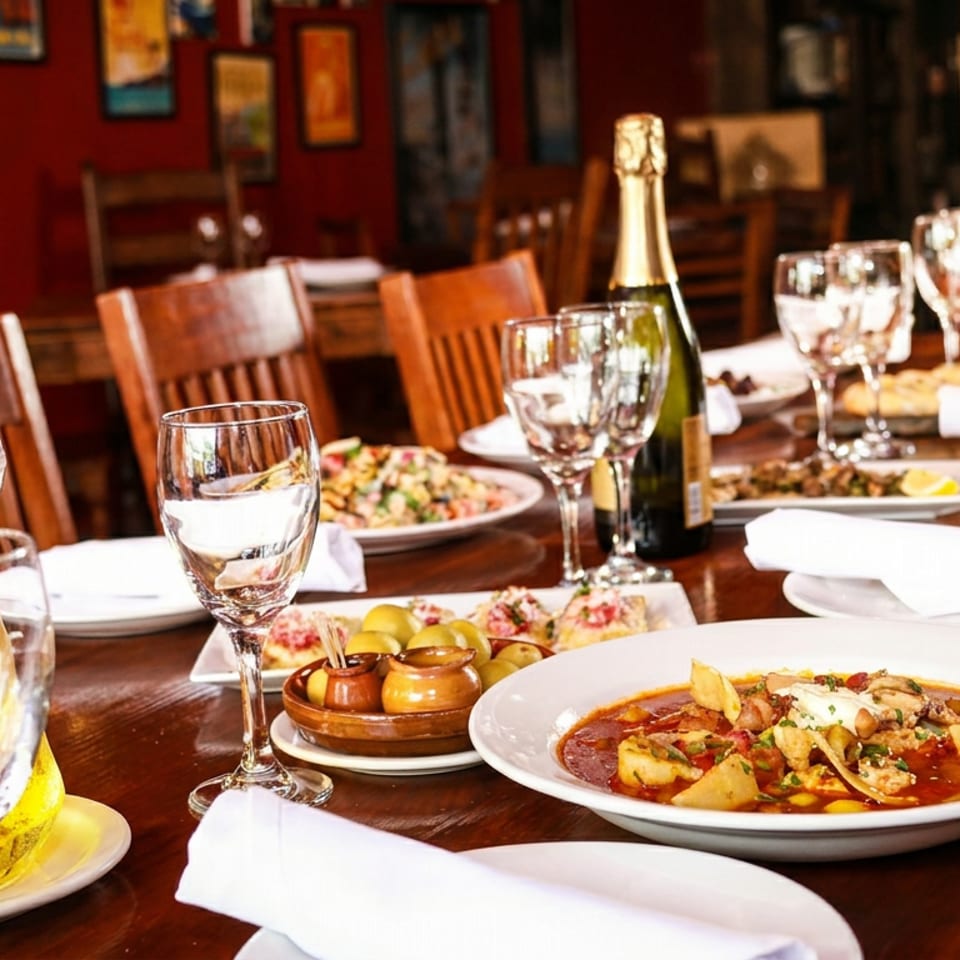 A long wooden table set with multiple dishes, wine glasses, and a champagne bottle in a restaurant.