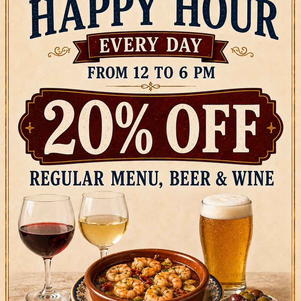 Candela Happy Hour flyer, every day from 12 PM to 6 PM with 20% off the regular menu, beer and wine