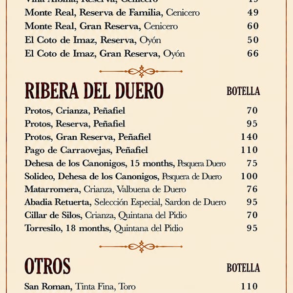 Spanish wine list featuring Rioja, Ribera del Duero, and other bottles, with prices and an illustrated vineyard estate at the bottom.